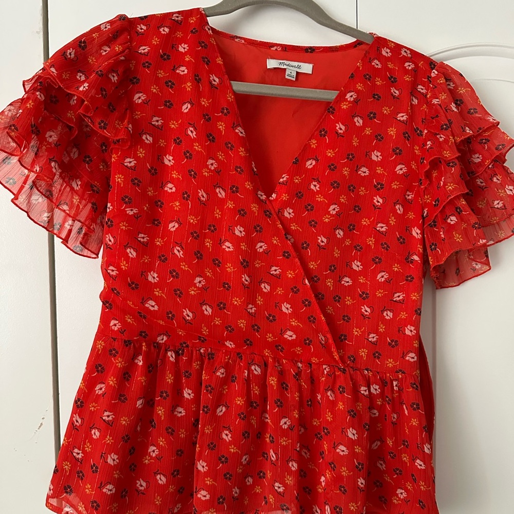 Madewell Red Floral Ruffle Sleeve Top